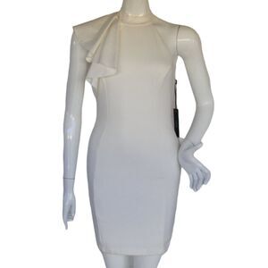 new LULUS  Au Revoir Bodycon Dress, S, Asym Ruffle shoulder, Ivory
